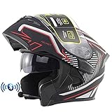 Motorrad Integrierter Bluetooth-Helm, Sturzhelm Anti-Fog-Doppelspiegel, Klapphelm Geschlossenen ECE-geprüft, Integralhelm Funk Sprechanlage Hartes für Damen Herren 55-64CM
