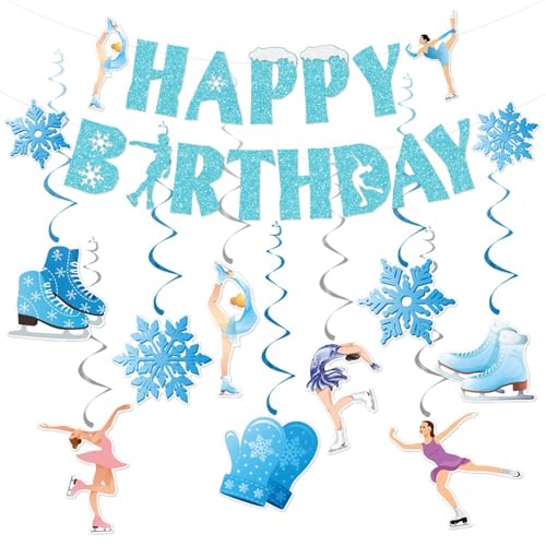 Decoración de fiesta de patinaje artístico, decoración de fiesta de cumpleaños para niñas, artículo temático, feliz patinaje sobre hielo, pancarta de cumpleaños, espiral, deportes de invierno