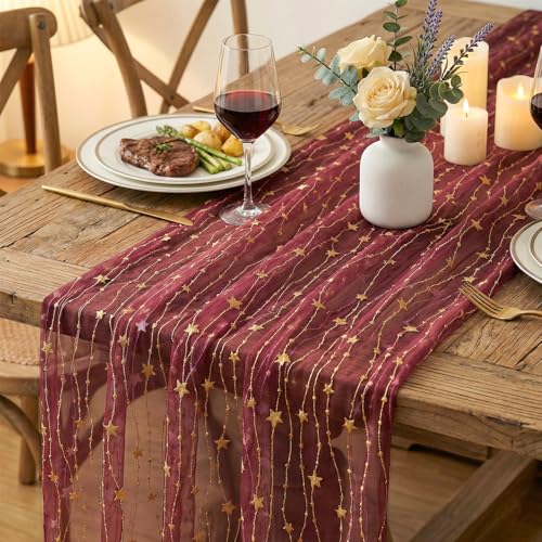 Artoid Mode Stars Burgundy Gauze Table Runner 10FT, Glitter Metallic Foil Sheer Dining Wedding Anniversary Holiday Birthday Table Decor for Home Party by Artoid Mode - Image 5