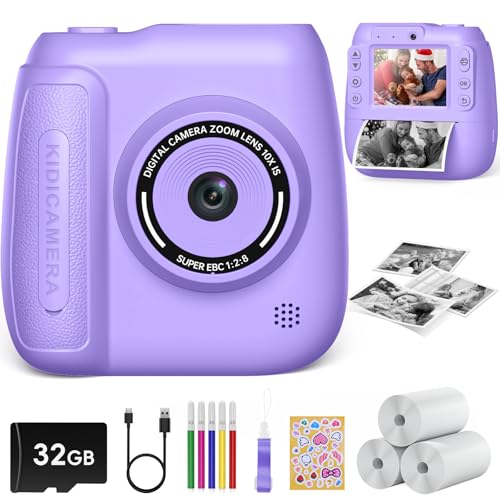 Hangrui Kids Camera Instant Print,2.4'' Instant Print Camera for Kids with 32GB Card & 3 Rolls Photo Paper, Selfie Children's Cameras Christmas Birthday Gifts for 3 4 5 6 7 8 9 Year Old Girls-Purple