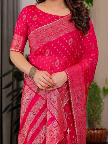 Image of ALMAARI FASHION Fendy Satin Foil Print Floral Saree with Tassels, Traditional Butti Motifs, 5.5m with 0.8m Blouse (FOIL 102 PINK H)