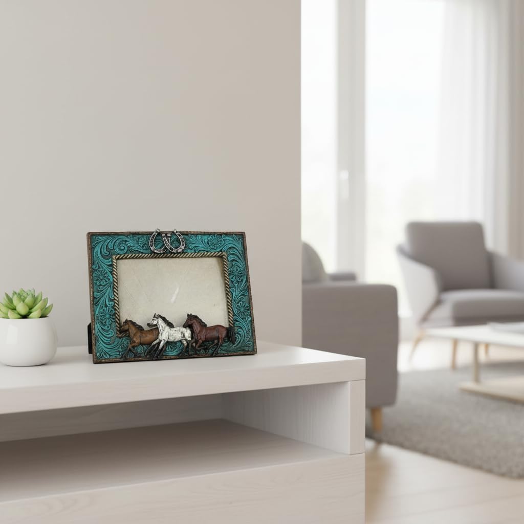 Comfy Hour 9.3" Running Horses Photo Frame with Horseshoe, Rustic Antique Vintage Blue Western Style Home Decor, Horse Figurine Picture Frame for Office, Resin