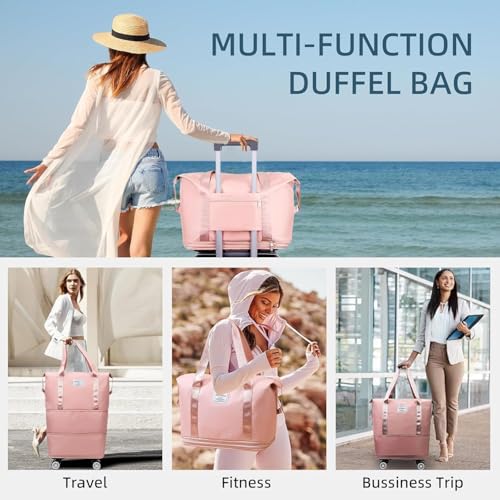 Image of Rolling Duffle Bag with Wheels, Expandable Foldable Travel Duffle Bag with Telescopic Handle, Portable Wheeled Luggage Bag for Travel, Lightweight Foldable Suitcase Bag for Men & Women (Pink)