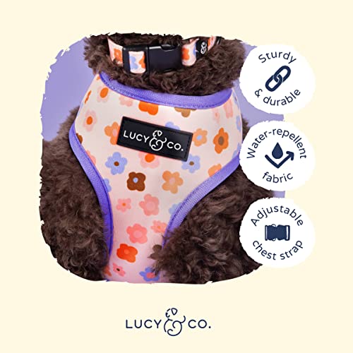 Lucy & Co. Cute Reversible Dog Harness Walking Halter - Best Designer Pet Harnesses For Xs - Xl Dogs - Padded Adjustable Vest For Easy Walking (Medium, Purple With Coral Floral Wave) #TOP3