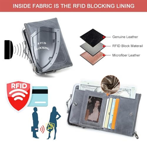 CONTACTS Full Grain Leather Kiss Lock Wallet for Women Kiss Clasp Coin Purse Vintage Small Bifold Wallet with Rfid Blocking (Grey)4
