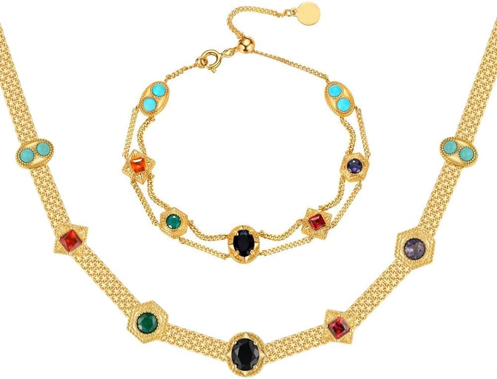 Tilda Necklace Set | 24k Gold Plated, Adjustable Multicolor Stone Collarbone Necklace,Vintage Style Necklace Set,Gold Colorful Gemstone Necklace for Women