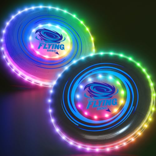 HYES 2 Pack Light up Flying Discs for Kids 45 LEDs 14 Lighting Modes Rechargeable Glow in The Dark Flying Ring for Beach Camping Outdoor Game Sport Toys for Teens Boys Adult