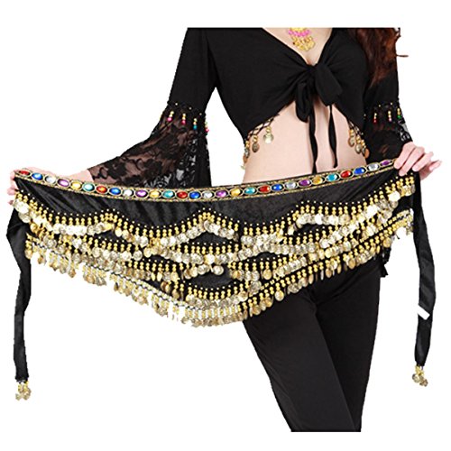 Best Dance Women's Belly Dance Gemstone Velvet Hip Scarf Skirt Wrap Gem Waist Belt Layers Gold Coins Black