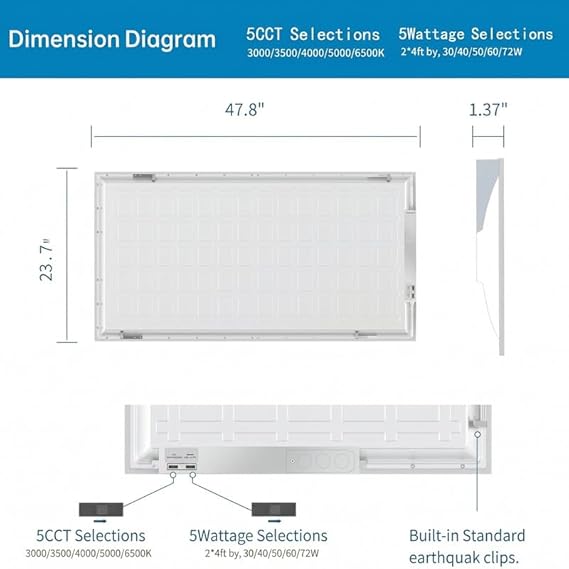 6 Pack 2x4 LED Flat Panel Light for Drop Ceiling, 9360lm Selectable 30W/40W/50W/60W/72W, Color Temperature 3000K/3500K/4000K/5000K/6500K, 0-10V Dimmable, 120-277V, ETL