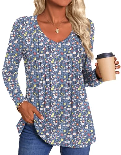 HOTGIFT 2025 Womens Tops Long Sleeve Shirts Casual Fall Winter Tunics Pleated V Neck Fashion3