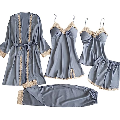 Generisch Conjunto de pijamas de seda para mujer cómodos pijamas para mujer Ropa de dormir de lujo Ropa de dormir suave Traje cómodo (gris, M)