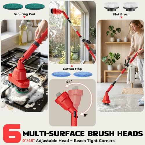 Image of NATBEESY 2 in 1 Electric Spin Scrubber Compatible with Milwaukee 18V Battery (Tool Only), Dual Head Power Scrubber, 680 /1200 RPM, 45 Adjustable Head, Extendable Handle for Tile, Tub, Floor & Bathroom