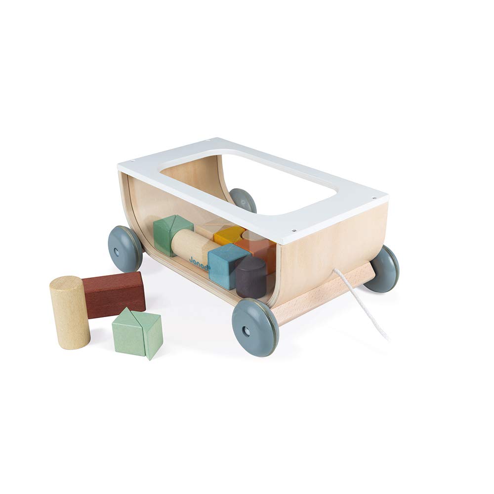 Janod - Carrito de Cubos de Madera - Colección Sweet Cocoon - Juguete de Estímulo para Bebés Pintado al Agua - Juguete de Arrastre - Aprender a Andar - A Partir de 18 Meses, J04407