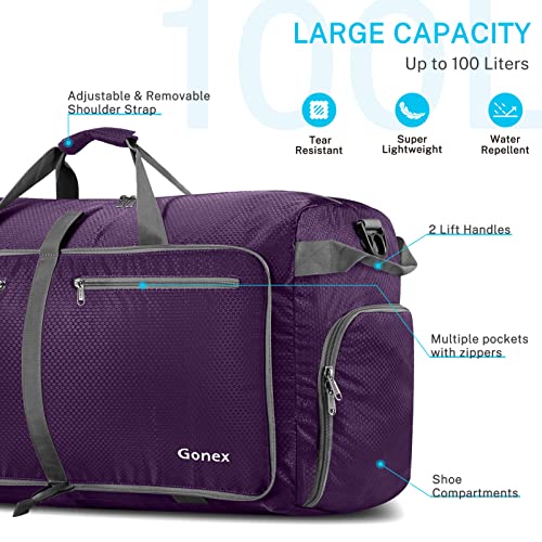 Gonex 100L Foldable Travel Duffel Bag for Luggage Gym Sports, Lightweight Travel Bag with Big Capacity, Water Repellent (Purple)