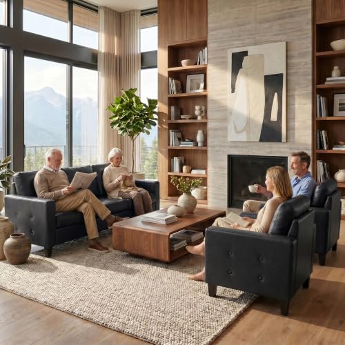 Image of STHOUYN Black Faux Leather 3 Seater Sofa and Accent Chair Set (3+1+1)