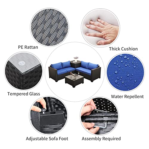 Outdoor Pe Wicker Furniture Set 4 Piece Patio Black Rattan Sectional Loveseat Couch Set Conversation Sofa With Storage Box Glass Top Table And Non-Slip Royal Blue Cushion #TOP2