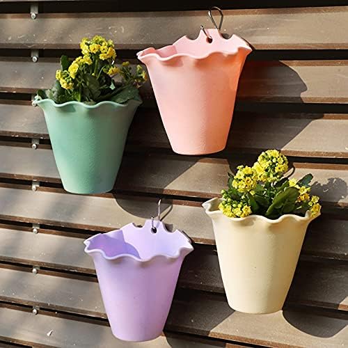 RYUNQ 6PCS Hanging Planter Plastic Plant Pot Flower Vase Basket Garden Wall Fence Ornament Outdoor Plants Grow Container Railing Mini Bucket with Hooks