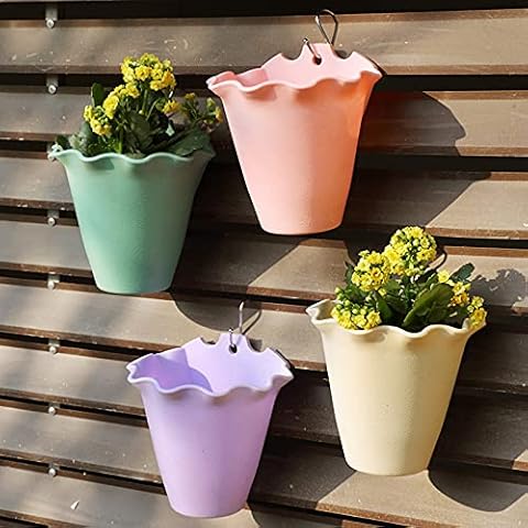 RYUNQ 6PCS Hanging Planter Plastic Plant Pot Flower Vase Basket Garden Wall Fence Ornament Outdoor Plants Grow Container Railing Mini Bucket with Hooks Cover