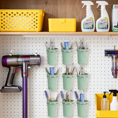 Image of Pegboard Cups With Loops, 9 Pack Matcha Green Peg Board Holder Organizer | 1 /8 inch 1 /4 inch Pegboard Accessories, Plastic Hanging Organizer Cups, Tool Organizer Set for Garage Craft Workshop Hobby Storage