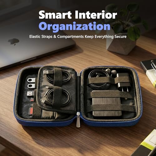 Image of BonKaso Tech Organizer Pouch Hard Shell - Travel Electronics Accessories Case for Charger, USB Cable, Power Bank, Earphones & Hard Drive | Compact EVA Storage Bag - Black & Blue