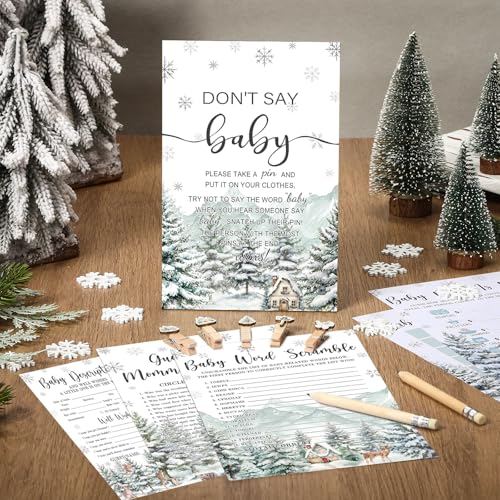Image of Patelai 321 Pcs Baby Shower Games Supplies, 5 Sets (50 Cards Each) Activities Cards with 20 Pencils 1 Don't Say Baby Sign 50 Clothespin (Winter Theme)