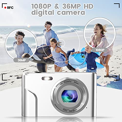 Digital Camera, Humidier Fhd 1080P 36Mp 16X Digital Zoom Mini Vlogging Video Camera With Battery Charger, Compact Portable Cameras Point And Shoot Camera For Kids,Teens,Beginners (Silver) #TOP1
