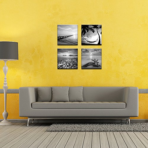 Sechars - Black And White Beach Wall Art Seascape Painting Sunrise Scenery Picture Giclee Canvas Print Framed For Living Room Bedroom Bathroom Home Office Wall Decoration #TOP4