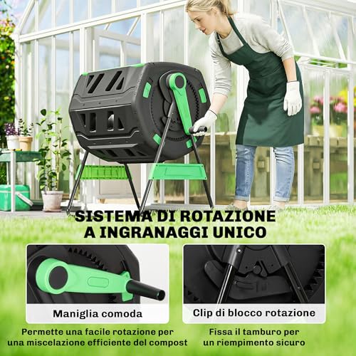 Outsunny Compostiera Da Giardino Rotante 200L A Doppia Camera, Compostiera Girevole A 360°, Prese D'aria Guanti, In Pp Senza Bpa, Compostaggio Rifiuti Organici Di Cucina Giardinaggio Cortile Esterno - 4