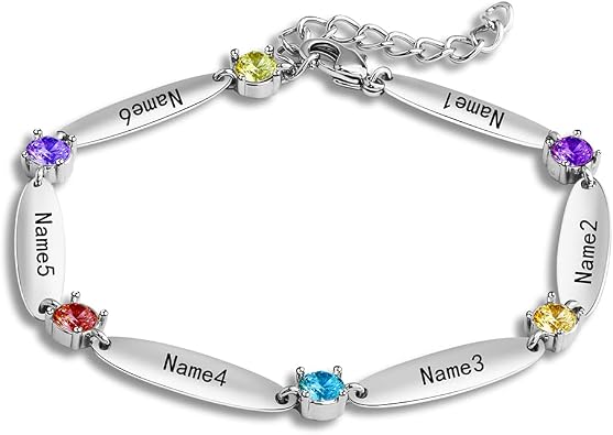 Apeso Personalized Name Bracelet Customized Oval Bar With 2-6 Simulated Birthstones Adjustable Engraving Name Bangle Gift for Women