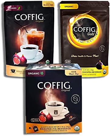 Coffig Organic Coffee Substitute, with 1 Pack Original, 1 Pack Gold Organic and 1 Box of Travel-Sized 20 Sachets