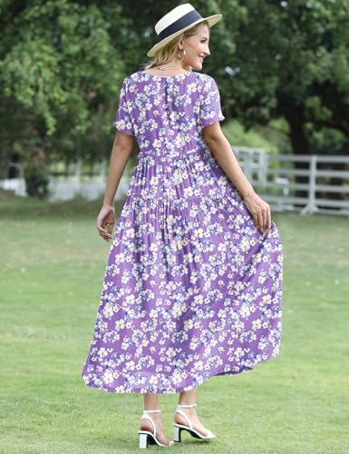 Image of YESNO Women Casual Loose Bohemian Floral Dress with Pockets Short Sleeve Long Maxi Summer Beach Swing Dress EJF