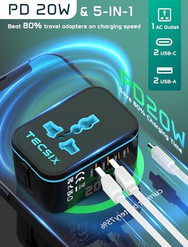 Image of Universal Travel Adapter Worldwide PD 20W, TECSIX International Power Adapter Fast Charging with 2 USB C, 2 USB A Multi Outlets, Gan Travel Plug Adaptor for EU US UK AUS 200+ Countries