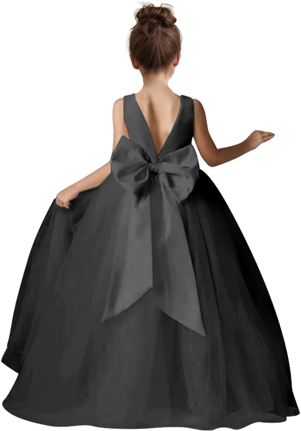 Flower Girls Dress for Wedding Satin Tulle Pageant Formal Communion Dress Pearls Prom Ball Gown with Bow-Knot
