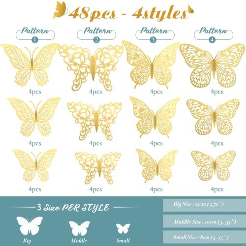 3D Gold Butterfly Wall Decor 3 Sizes 4 Styles Butterfly Party Decorations Cake Decorations Removable Stickers Wall Decor Room Mural Metallic Kids (Gold, 48Pcs) - 1