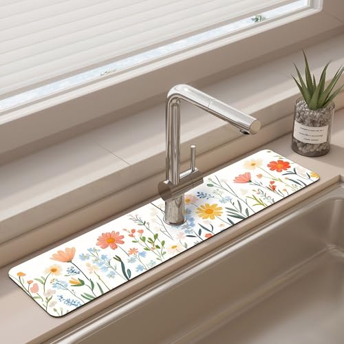 Faucet Mat for Kitchen Sink - Sinkmat Absorbing Mat, Fast Drying Splash Guard for Kitchen & Bathroom - Non-Slip Water Absorbing Drying Pad Behind Faucet, Fits RV, Countertop, Island (3.9x15in) A2