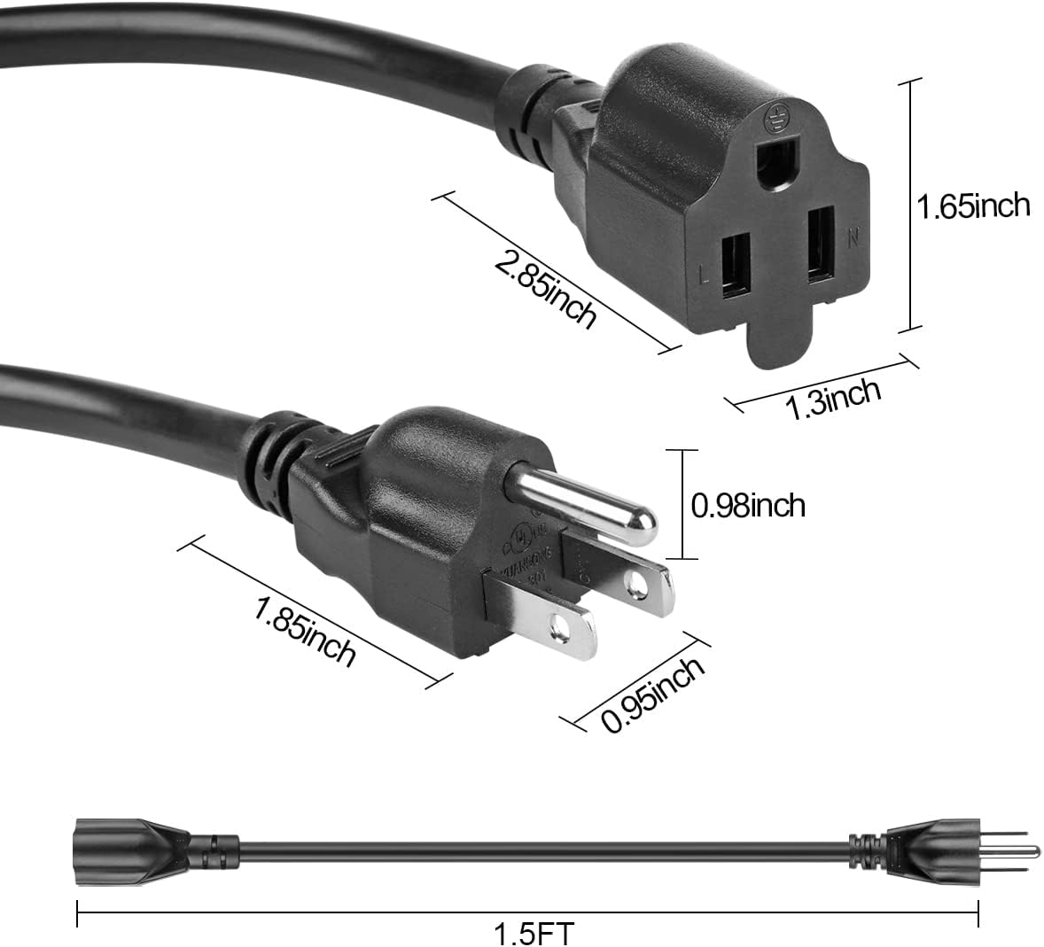 UL Listed SJT 16AWG 13A Heavy Duty AC Power Short Extension Cord Cable - VSEER 3 Prong Grounded Outlet Saver Extension Cords NEMA 5-15P to NEMA 5-15R, Black (1.5 FT)