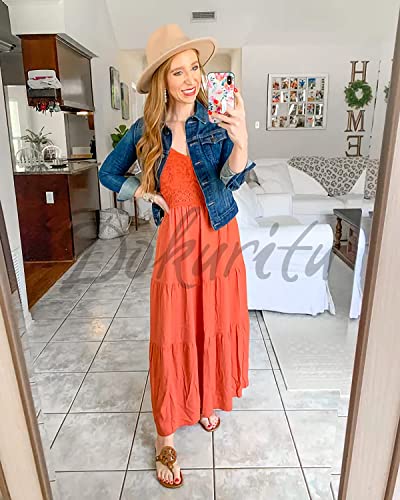 Dokuritu Orange Dress Beach Crochet Lace Maxi Dress Cocktail Vacation Summer Sundress Spaghetti Strap Maxi Dresses For Women 2023 (Brickred,L) #TOP2