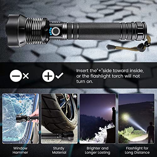 Super Bright Rechargeable LED Flashlights, 90000 Lumens XHP70.2 Tactical Flashlight, 10000mAh Parallel Battery, Zoomable&IPX5 Waterproof