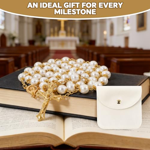 Hpbaggy Kommunion Rosenkranz Halskette Perlen Mit Samt Geschenkbeutel Katholisch Rosenkranz Kette Jesus Kreuz Gebetskette Christlich Rosary Chain Geschenke Für Frauen und Männer Mädchen Jungen