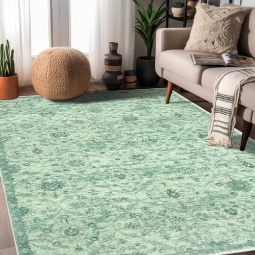 KILOCOCO 8x10 Area Rug, Moroccan Super Soft Washable Living Room Vintage Floral Rug, Non-Slip Large Print Faux Wool Throw Indoor Rug for Playroom Bedroom Office Carpet, Green