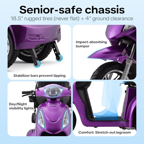 Image of Heavy Duty 3 Wheel Mobility Scooters for Seniors & Adults 500lbs Capacity-800W Mobility Scooters 31 Miles Long Range, All Terrain Electric Powered Mobility Scooters Handicap Mobility Scooter (Purple)