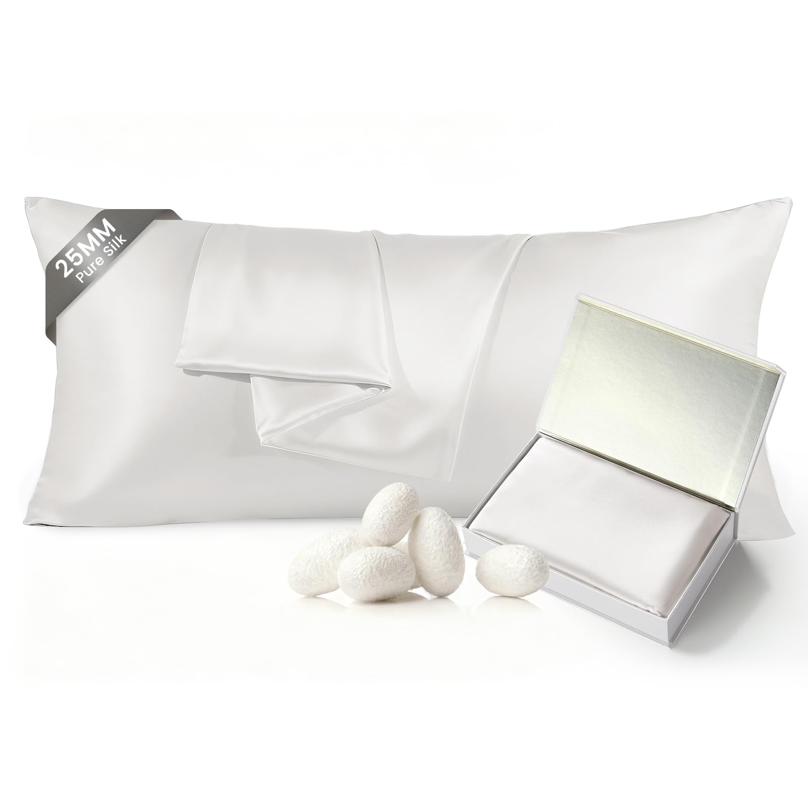 THXSILK 25 Momme 100% Mulberry Silk Pillowcase, Body, Pearl White