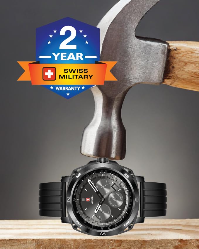 Swiss Military DOM4 Smartwatch 1.43" AMOLED, Bluetooth Calling, Multi Language, Health & Sports Tracking, Wireless Charging, 7 Days Battery, IP67, iOS/Android Compatible, Black Frame with Black Strap