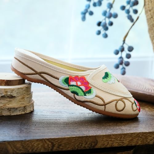 Women's Floral Embroidered Backless Flats Mules Comfortable Flats Round Toe Loafers Chinese Style Canvas Casual Slippers4
