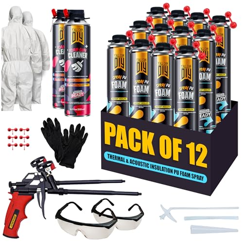 Closed Cell Spray Foam Insulation Kit (12 Pack - 32 oz) - Expanding Foam for Thermal & Soundproofing - Including 2 Cleaners, 2 Teflon-Coated Guns, 2 Safety Suits, 2 Safety Glasses and Gloves