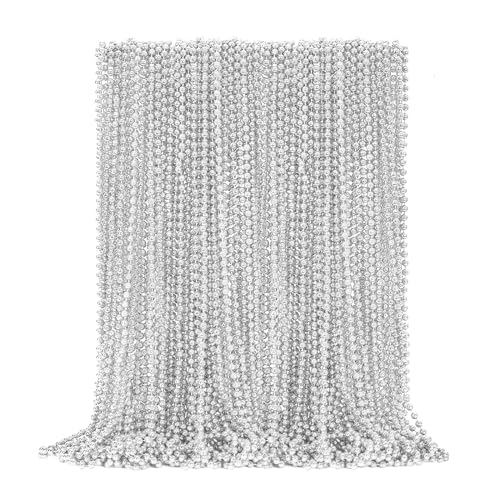Image of EOBOH 50PCS Bead Necklace, Silver Christmas Bead Stuff Party Favors, 33 inch Xmas Necklaces Women and Men, Festival Events Parade Throw Accessories for Wedding Birthday Celebrations Decorations