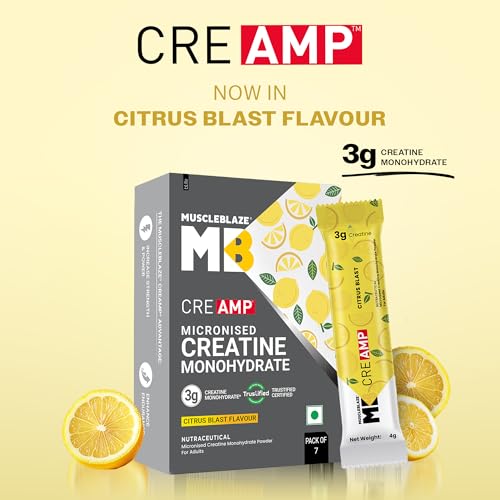 Image of MuscleBlaze Micronised Creatine Monohydrate CreAMP Powder, 7 Sachets | Citrus Blast | Trustified Certified Creatine