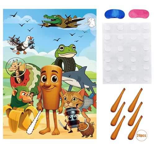 TJLMCORP Italian Brainrot Party Game, Pin the Tail Party Game Set With 24 Stickers and and 2 Blindfolds, Tralalero Themed Birthday Party Supplies, Brain Rot Party Decorations（Tung Tung Tung Sahur）