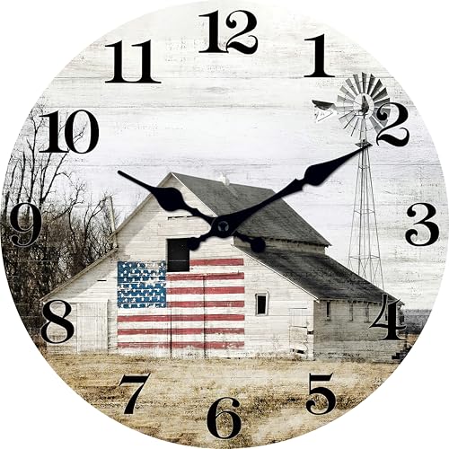 Image of XFM Small Farmhouse Wall Clock 10 Inch Silent | Non-Ticking Battery Operated American Flag Rustic Barn Wooden Decorative for Kitchen Bedroom Office