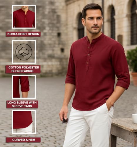 Image of Zombom Men's Cotton Blend Kurta Shirt with Full Sleeves Mandarin Collar Neck Solid Pattern for Men Regular Fit Ethnic Wear Casual Festive Top Modern Style | Cotton Shirt for Mens